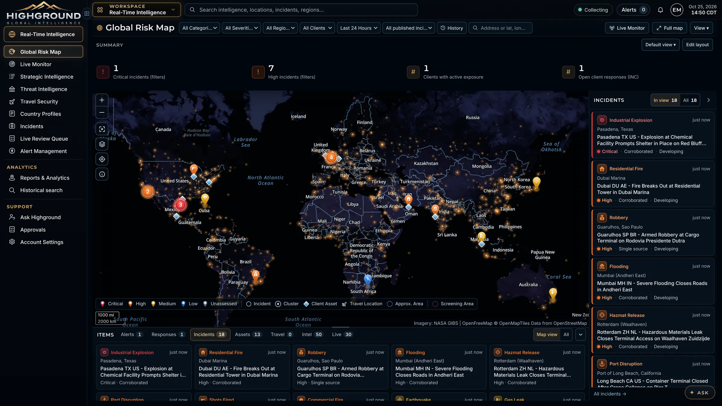 Highground Global Command with live incidents on the global risk map