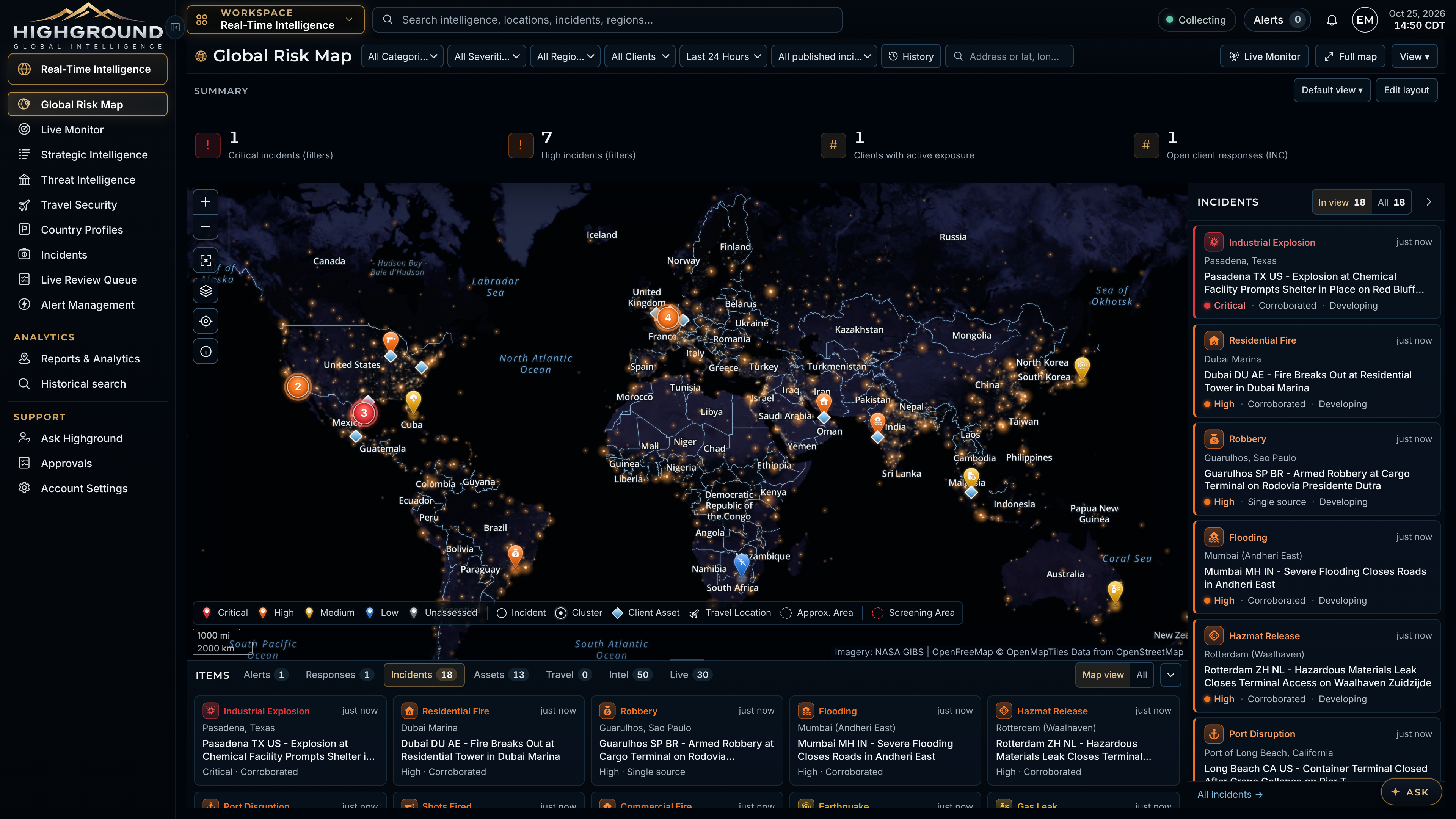 Highground Global Command: global risk map with live incidents by severity and the latest verified incidents