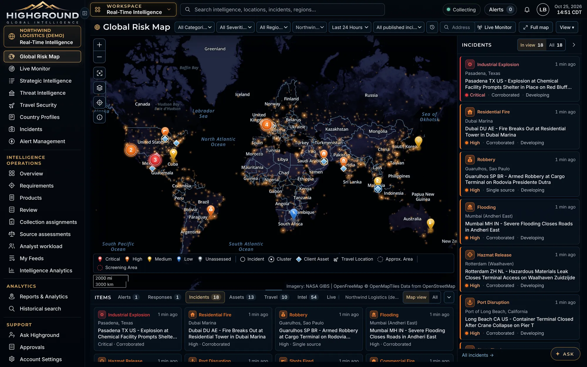 Global Risk Map world view with incidents by severity and a client's own sites and travelers