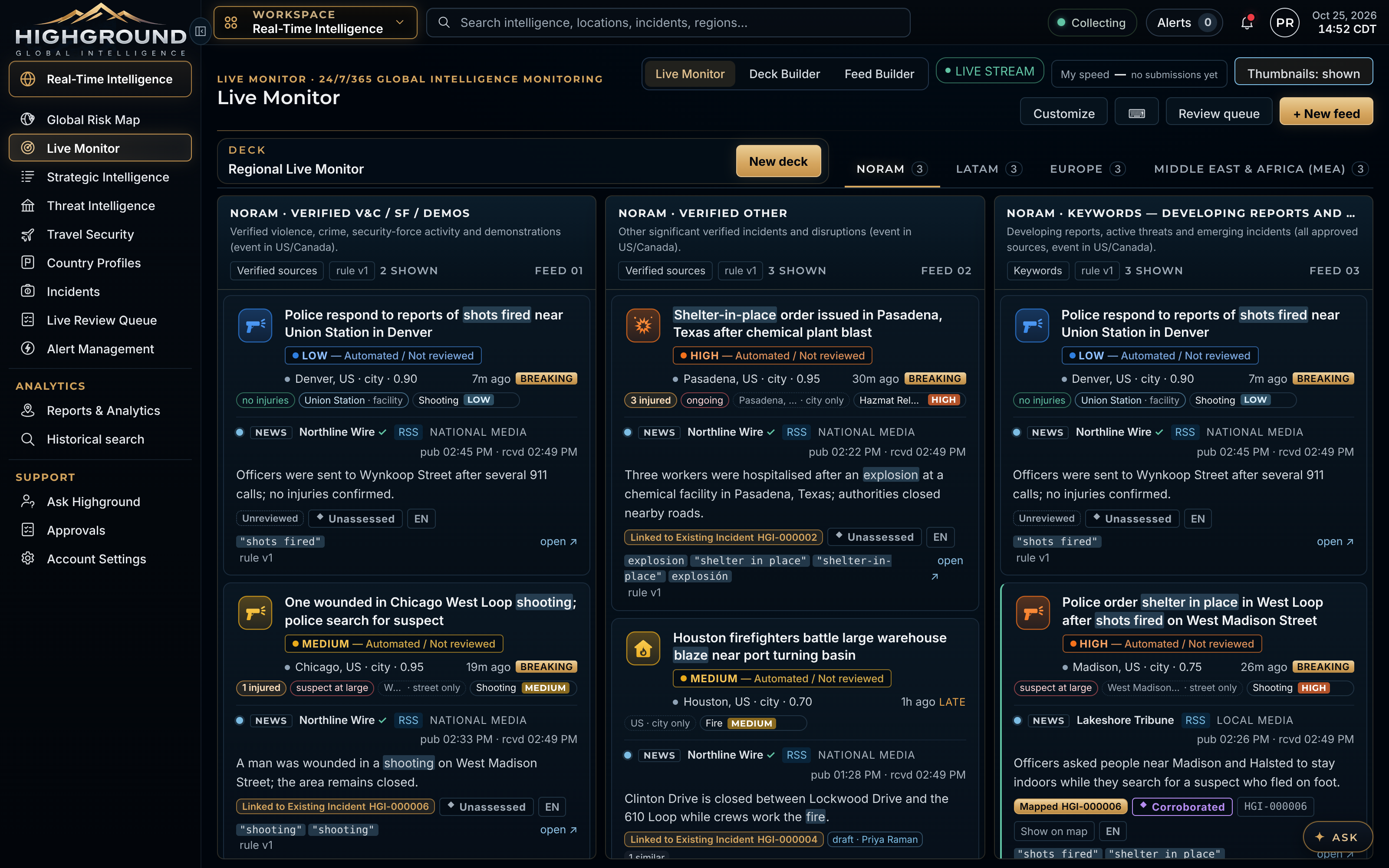 Highground Live Monitor: incoming reports as cards in analyst-arranged columns