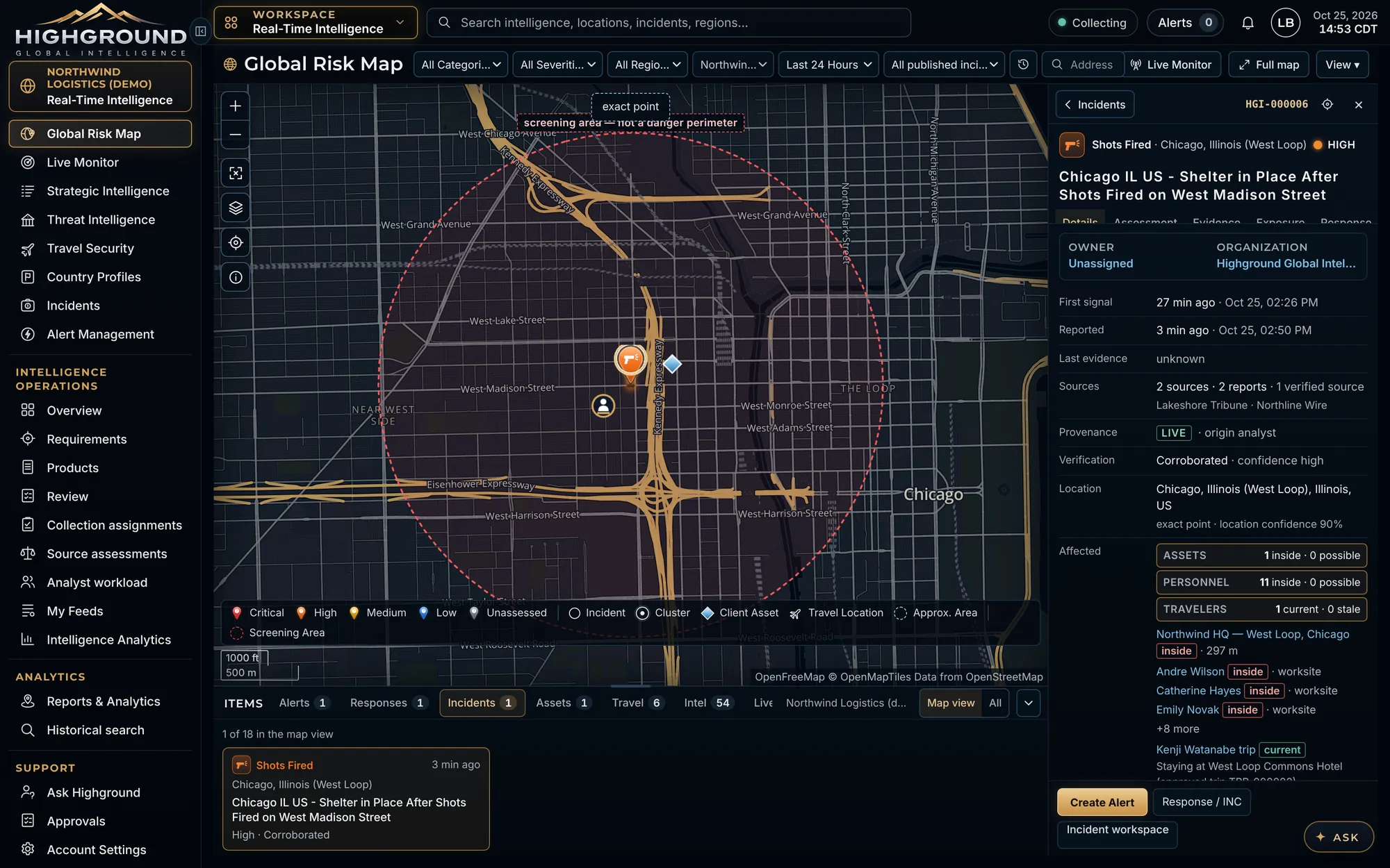 Street-level incident on the Global Risk Map with the detail panel showing sources, provenance, verification and affected sites, personnel and travelers