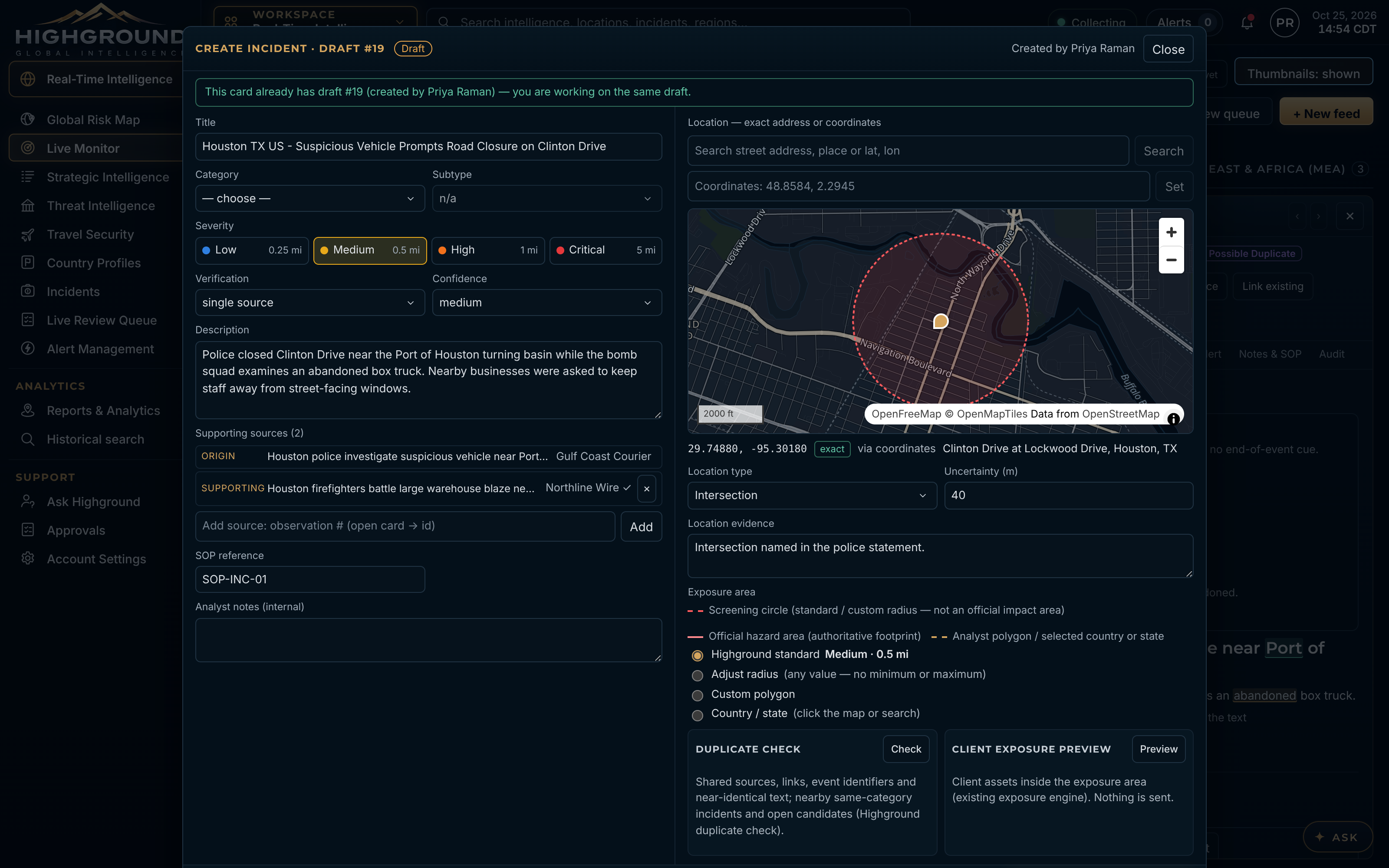 Highground incident editor with exact location, exposure area and source evidence