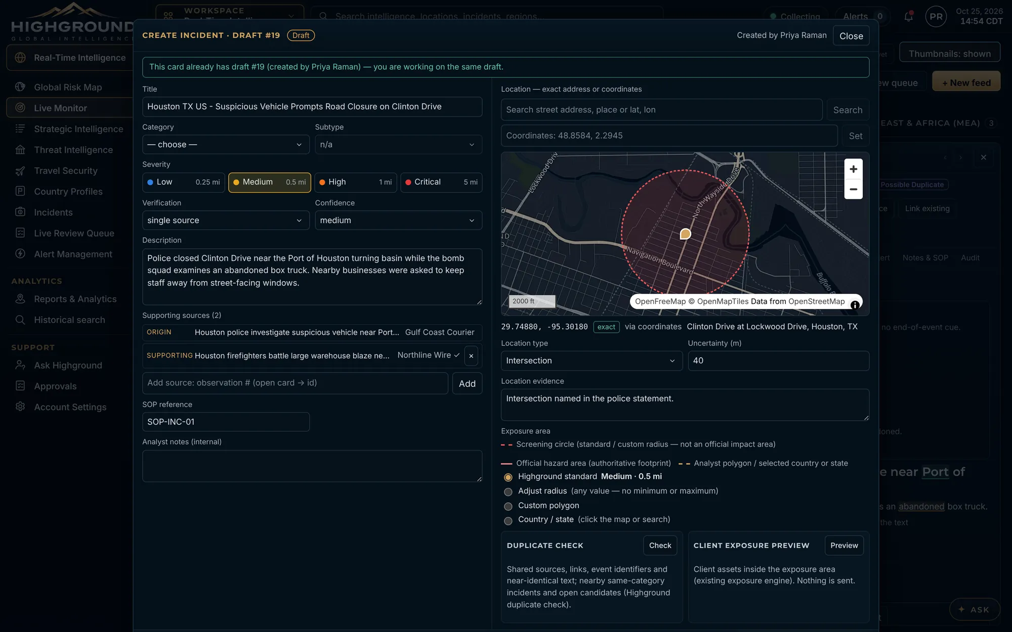 Incident editor: title, category, severity with standard radius, exact coordinates on a street map, location evidence, duplicate check and client exposure preview