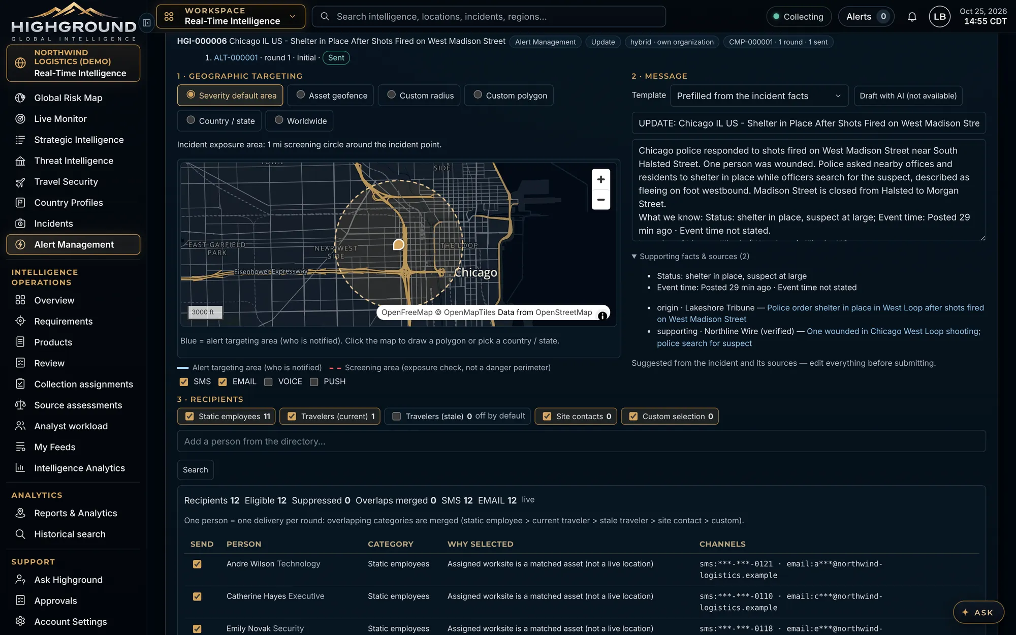 Alert composer with targeting methods, mini-map, pre-filled message, recipient categories and recipient preview with masked contacts
