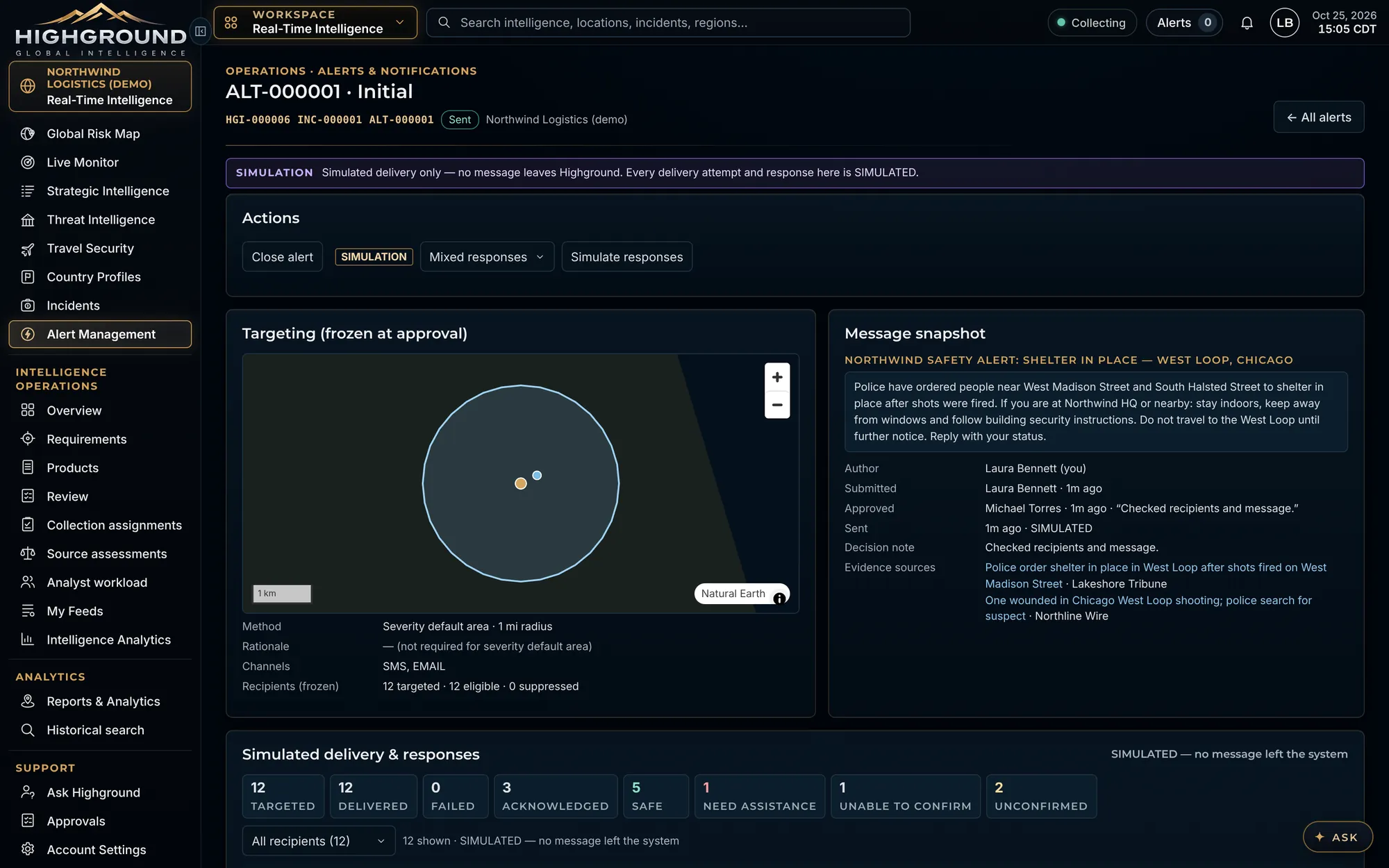 Alert detail with frozen targeting, message snapshot, approver chain and a simulation banner