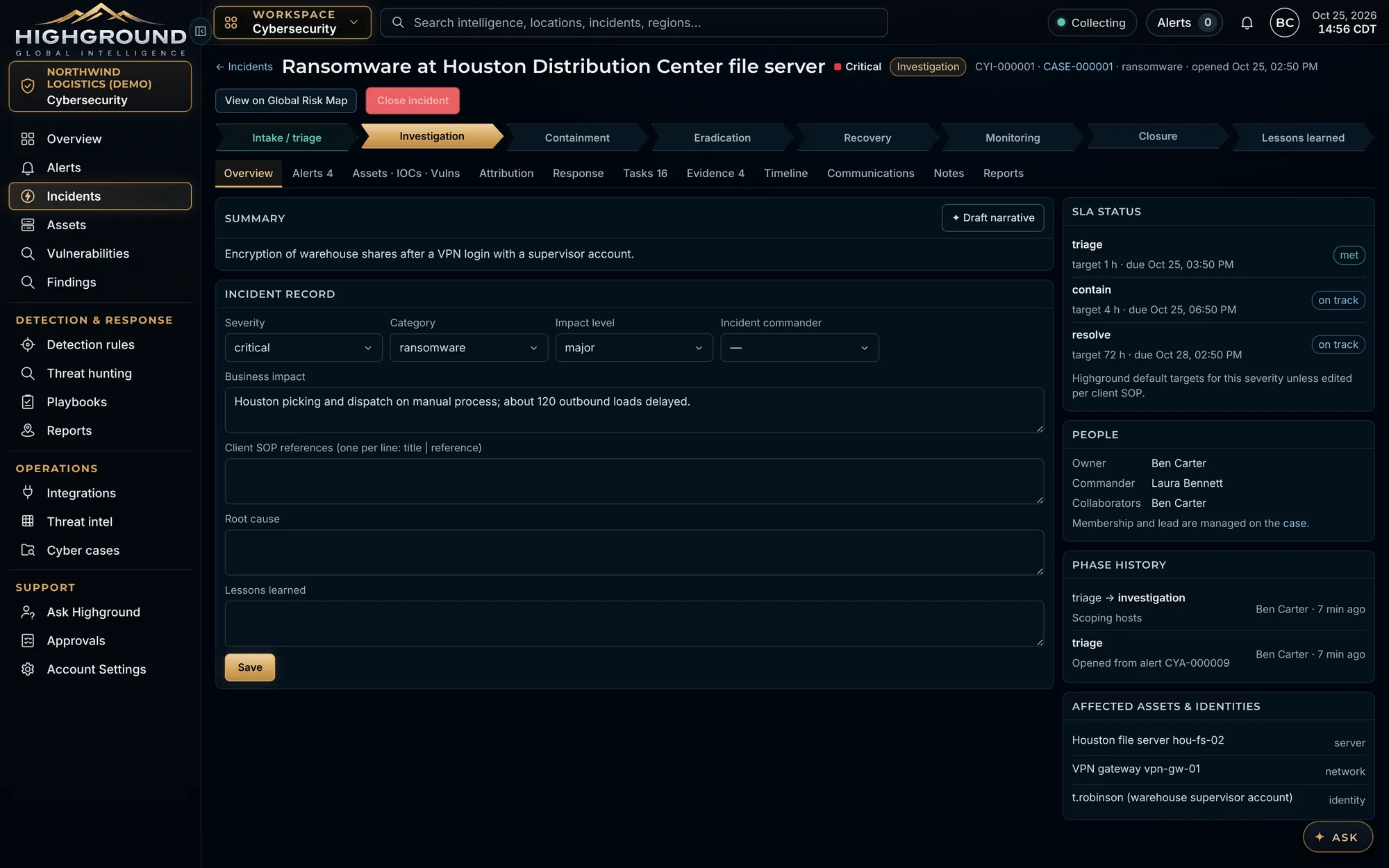 Fictional ransomware cyber incident with phase bar, SLA status and affected assets