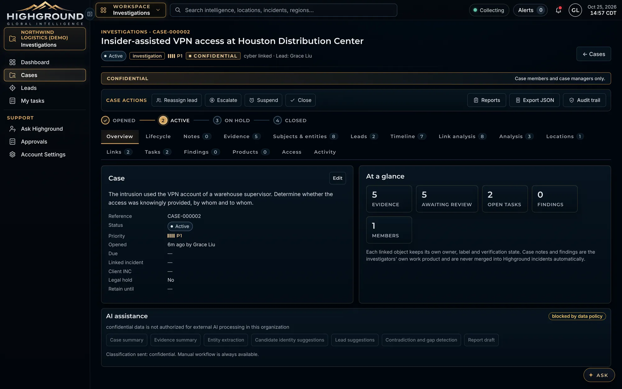 Investigation case overview with lifecycle and tabs