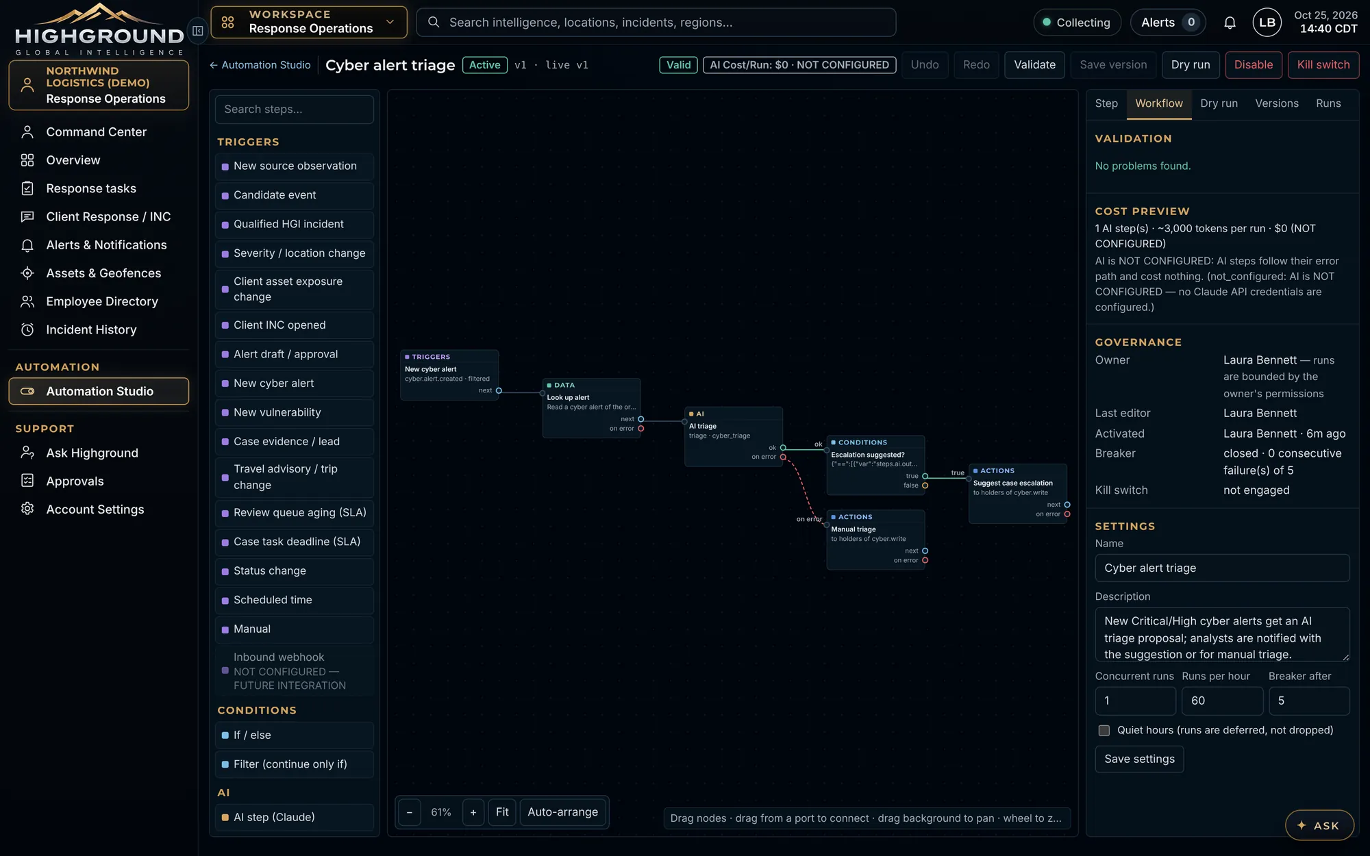 Automation Studio workflow canvas with node palette, validation, cost preview and governance panel