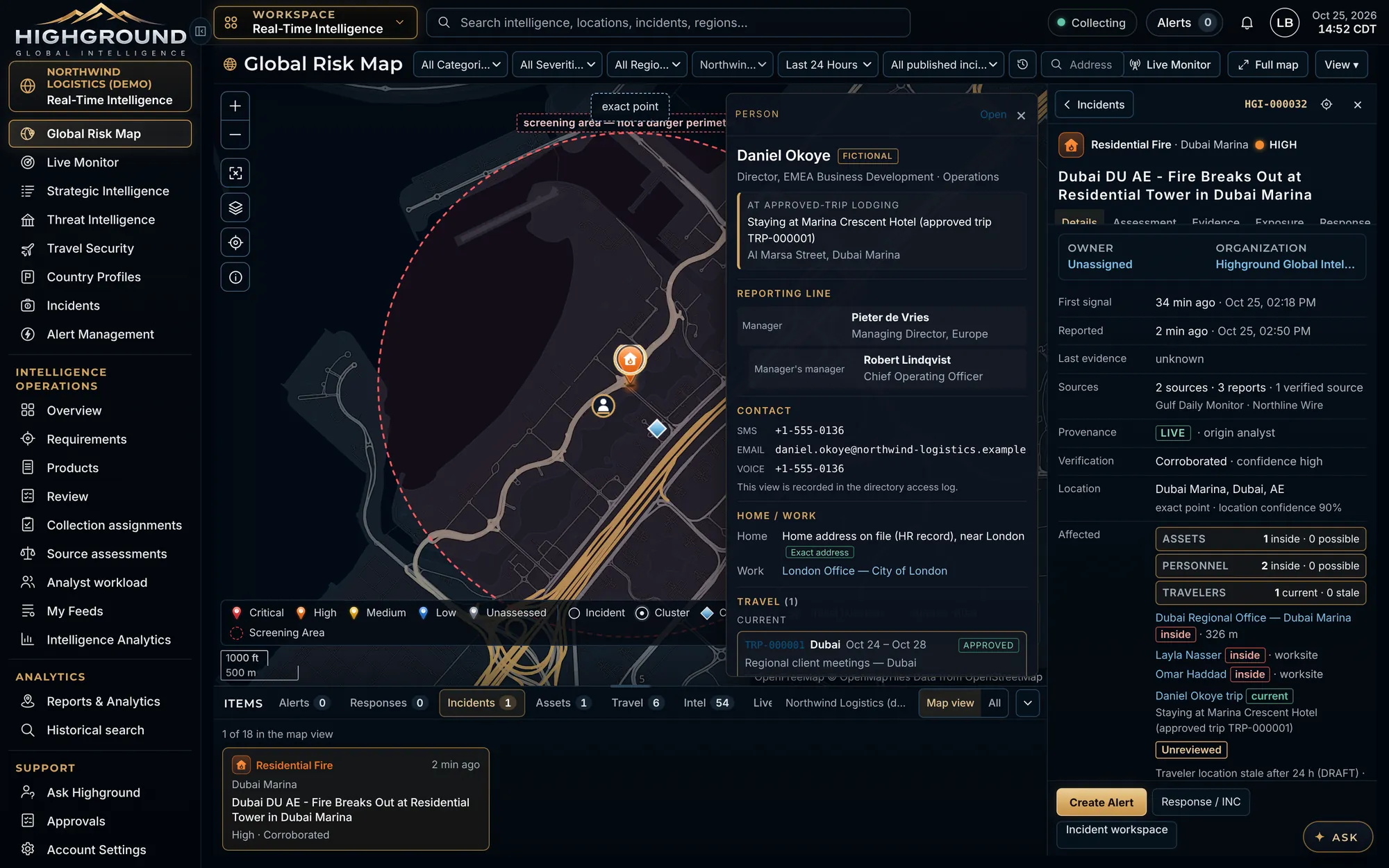 Traveler panel on the street-level map showing approved-trip lodging, manager and manager's manager, contact details and current trip