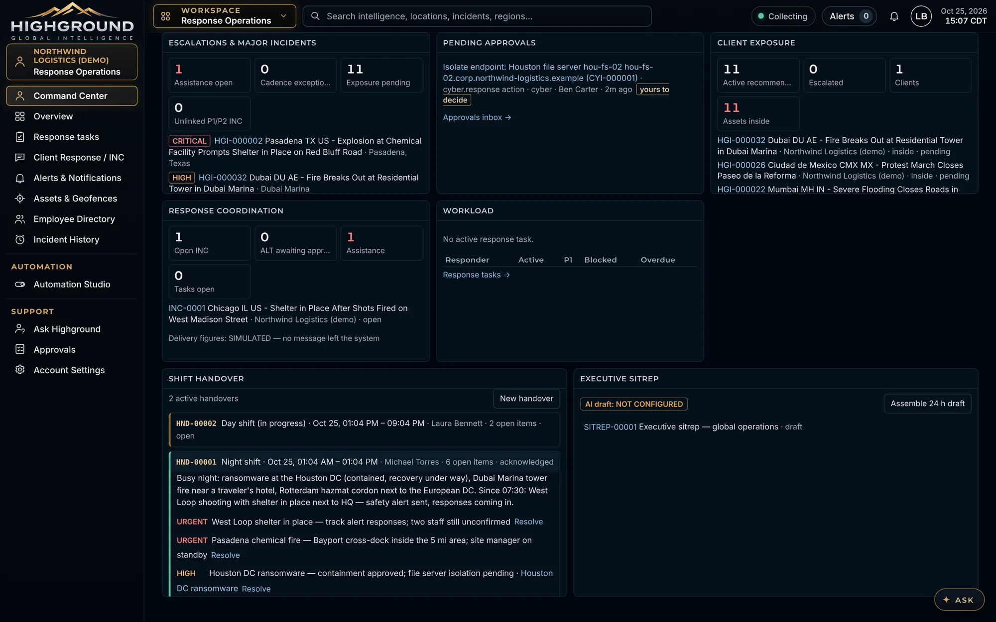 Command Center with escalations, pending approvals, client exposure, shift handovers and executive sitrep