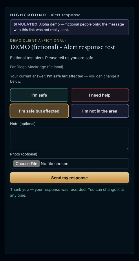 Recipient response page with the four buttons I'm safe, I need help, I'm safe but affected and I'm not in the area, a note and a photo field, marked SIMULATED