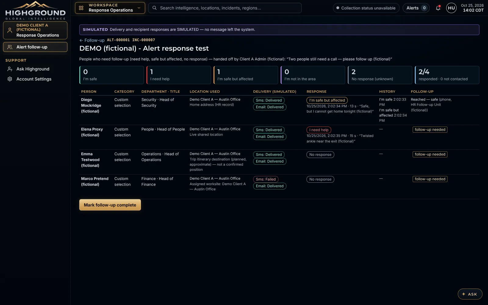 HR follow-up unit view listing people who need follow-up with their responses, delivery status and follow-up outcomes, marked SIMULATED
